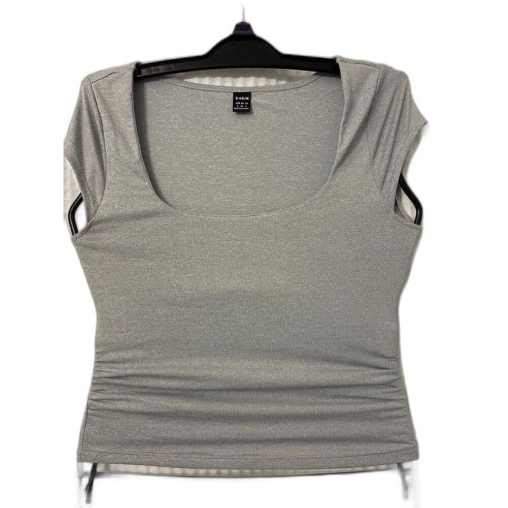 SHEIN Gray Scoop Neck Ruched Side Short Sleeve Top Size S